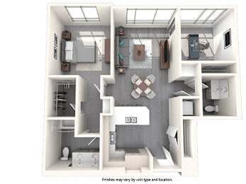 A cutaway drawing of a house interior with a kitchen, living room, and bathroom.