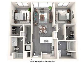 A diagram of a house layout with a kitchen, living room, and bedrooms.