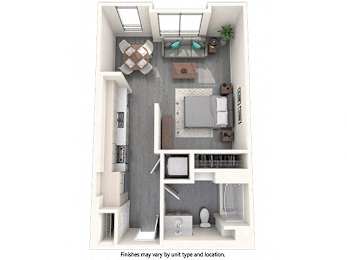 A top down view of a small apartment with a kitchen, living room, and bathroom.