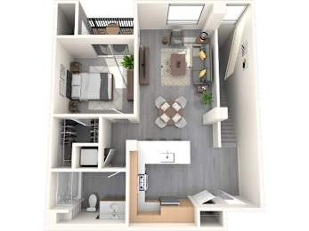 A 3D floor plan of a small apartment with a kitchen, living room, and bathroom.