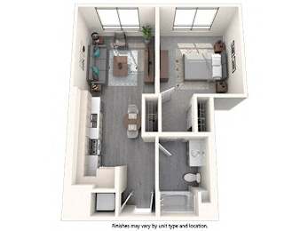A diagram of a house layout with a kitchen, living room, and two bedrooms.