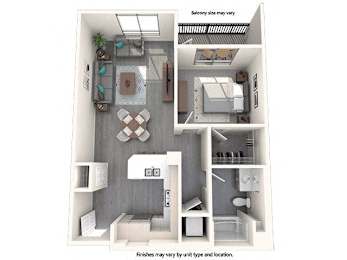 A 3D floor plan of a house with a kitchen, living room, and bathroom.