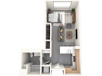 A top-down view of a small apartment with a kitchen, living room, and bathroom.