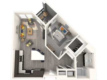 A 3D floor plan of a small apartment with a kitchen, living room, and bedroom.