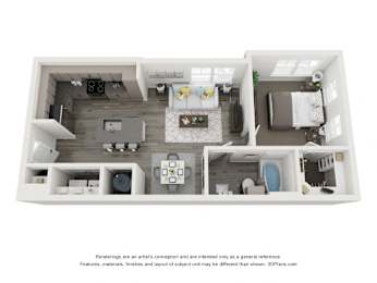 A 3D floor plan of a house with a kitchen, living room, and bedrooms.