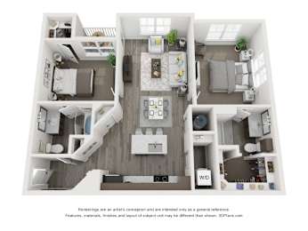 A 3D floor plan of a house with a kitchen, living room, and bedrooms.