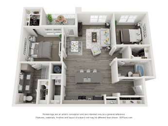 A 3D floor plan of a small apartment with a kitchen, living room, and bathroom.