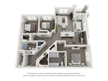A 3D floor plan of a house with multiple rooms and furniture.