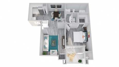 A top-down view of a modern bathroom with a sink, toilet, and bathtub.