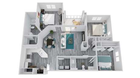 A white and wood floor plan of a house with a living room, kitchen, and two bedrooms.