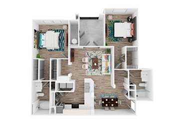 A top-down view of a small apartment with a kitchen, living room, and bedroom.