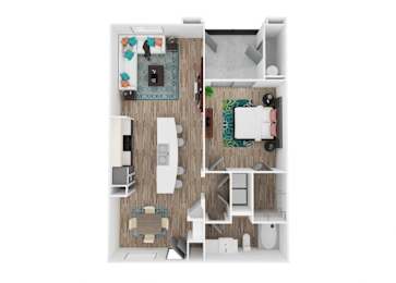 A top-down view of a small apartment with a kitchen, living room, and bedroom.