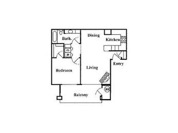 A floor plan of a living space with a bedroom, bathroom, kitchen, and living room.