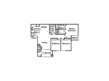 A floor plan of a home with a living room, dining room, kitchen, two bedrooms, a master bedroom, and a balcony.