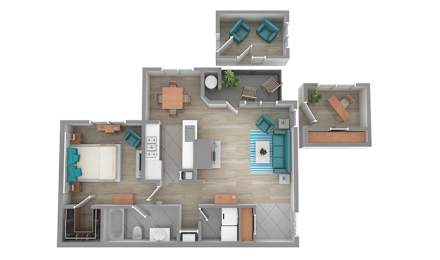 A 3D floor plan of a house with multiple rooms.