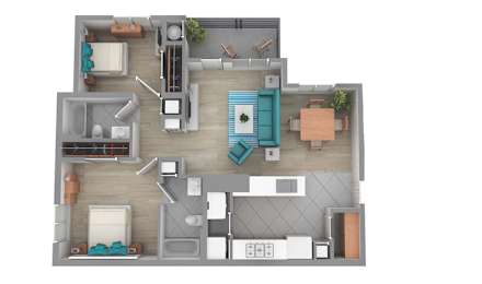 A top-down view of a house layout with a kitchen, living room, and bedrooms.