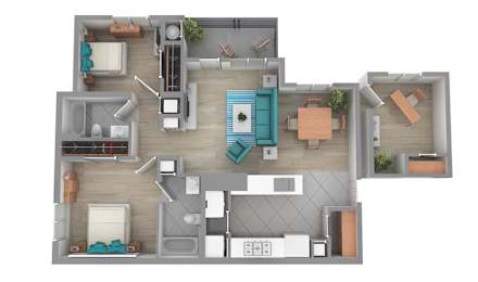 A 3D floor plan of a house with a kitchen, living room, and two bedrooms.