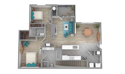A floor plan of a house with a kitchen, living room, and two bedrooms.