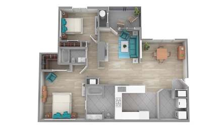 A 3D rendered image of a house layout.