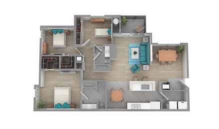 A 3D rendered image of a house layout.
