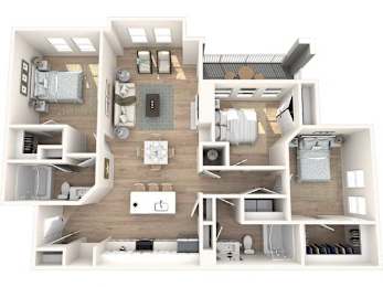 A 3D floor plan of a house showing the layout of the rooms.