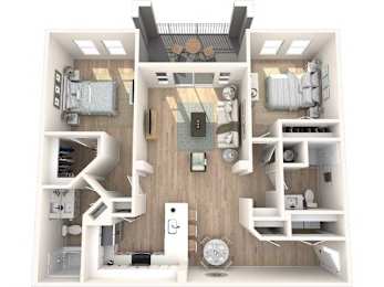 A top-down view of a small apartment with a kitchen, living room, and bedroom.