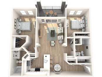 A top-down view of a small apartment with a kitchen, living room, and bedroom.