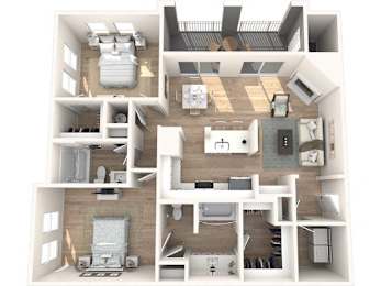 A 3D floor plan of a house showing a kitchen, living room, and bedrooms.