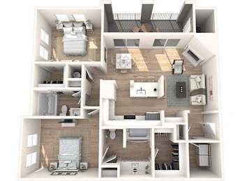 A 3D floor plan of a house showing a kitchen, living room, and bedrooms.