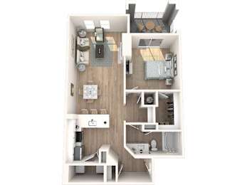 A top down view of a small apartment with a kitchen, living room, and bedroom.