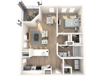 A top-down view of a small apartment with a kitchen, living room, and bedroom.