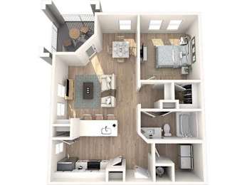 A top-down view of a small apartment with a kitchen, living room, and bedroom.