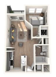 A 3D floor plan of a small apartment with a kitchen, living room, and bathroom.