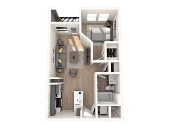 A small apartment with a kitchen, living room, and bathroom.