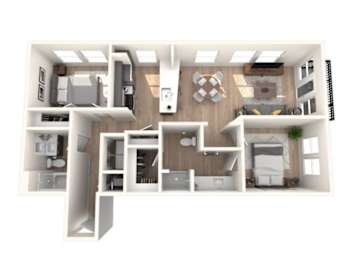 A 3D floor plan of a small apartment with a kitchen, living room, and bedroom.