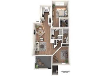 A floor plan of an apartment with a kitchen, living room, and two bedrooms.