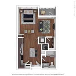 A drawing of a small apartment with a bedroom and living room.