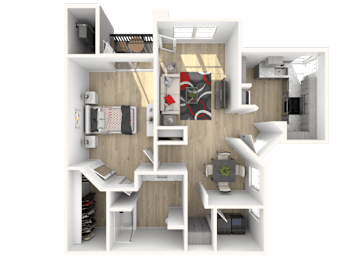 A 3D rendered image of a modern apartment layout.