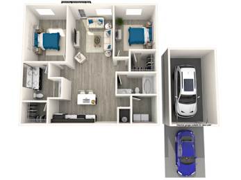 a rendering of a 3 bedroom floor plan with a car in the garage