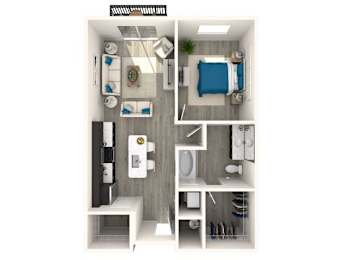 A top-down view of a small, modern apartment with a kitchen, living room, and bathroom.