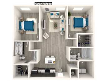 A 3D floor plan of a small apartment with two bedrooms and a living area.