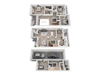 A 3D floor plan of a house with three bedrooms, two bathrooms, a living room, a kitchen, and a garage.