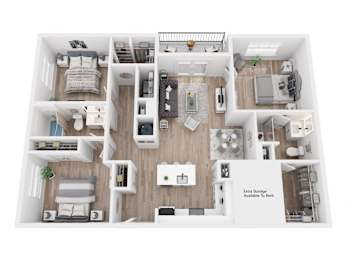 A top-down view of a well-organized apartment layout with labeled extra storage available to rent.