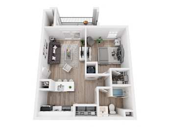 A top-down view of a small apartment with a kitchen, living room, and bedroom.