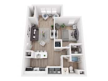 A top-down view of a modern apartment layout with a kitchen, living room, and bedrooms.