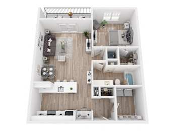 A top-down view of a modern apartment with a kitchen, living room, and bedrooms.