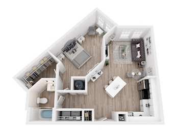 A top-down view of a modern house interior with a kitchen, living room, and bathroom.
