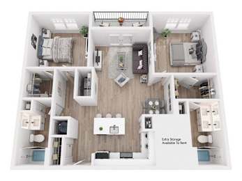 A floor plan of a small apartment with a kitchen, living room, and bedrooms.