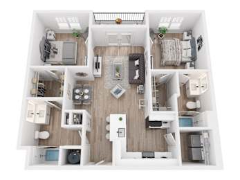 A top-down view of a modern apartment layout with a kitchen, living room, and bedrooms.