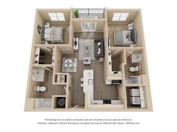 A 3D floor plan of a house with a kitchen, living room, and bathrooms.